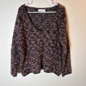 JOHN‎ + JENN Oversized Textured V-Neck Sweater Size Large Cozy Knit Pink Gray